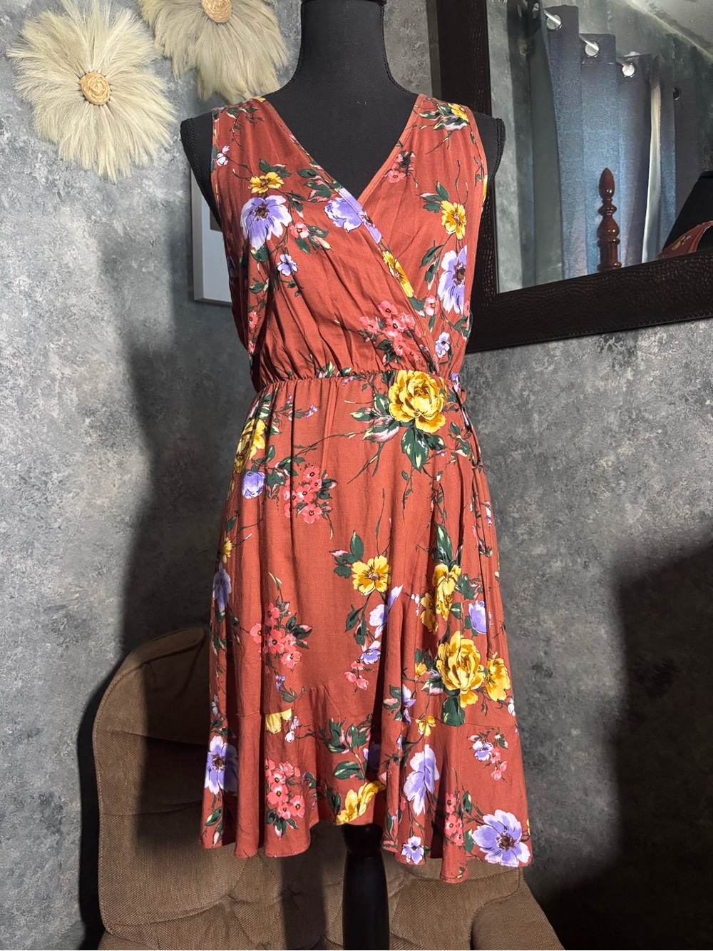 Floral Wrap Rust Sleeveless Dress